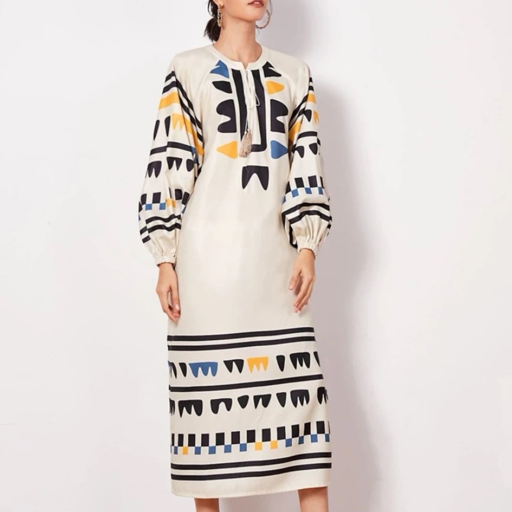 Tassel tie neck lantern sleeve geo dress Brand New
